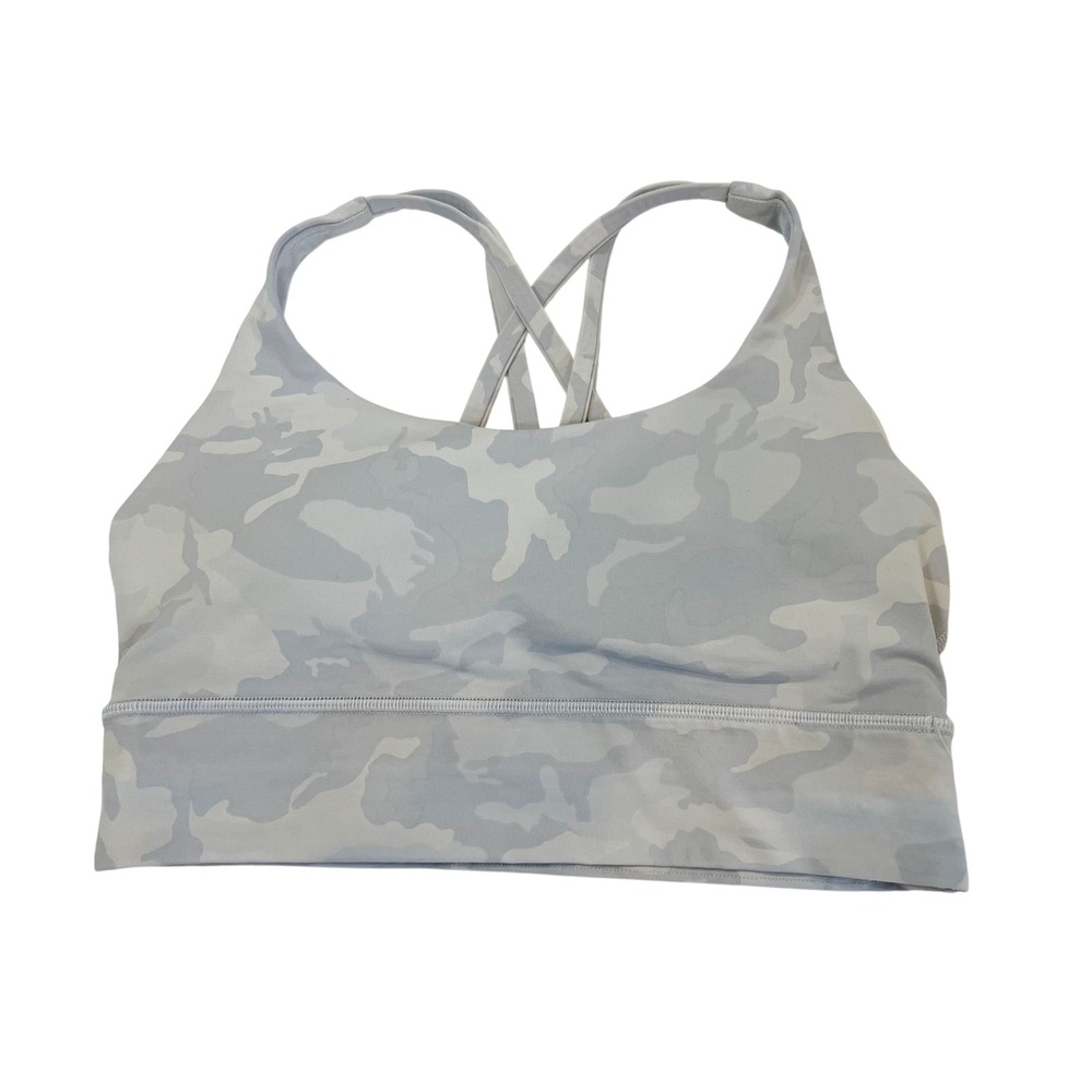 Lululemon Energy Bra Size 8 Sports Bra Strappy Gray Camo Print Yoga Workout